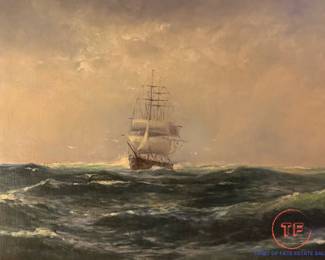 Signed Antique Original Oil on Canvas Maritime Nautical Sailing Clipper Ship