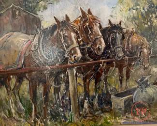 Signed Oil on Board "The Hitching Rail" by LESLIE COPE (1988)
