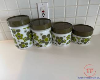 Mod Green Spring Blossom Daisy Anchor Hocking Milk Glass Canister Set
