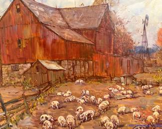 Signed Oil on Board "The Pig Farm" (Near Sugar Creek Ohio) by LESLIE COPE (1976) - Includes Pig Line Art