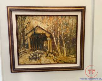 Signed Oil on Board "Driving the Sheep" (Covered Bridge Zanesville, Ohio) by LESLIE COPE (1977)