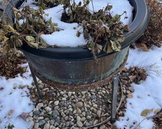 Antique 19th C Copper Rendering Pot with Standing Metal Base