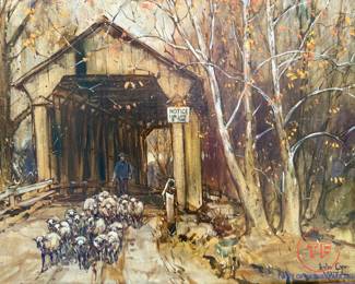 Signed Oil on Board "Driving the Sheep" (Covered Bridge Zanesville, Ohio) by LESLIE COPE (1977)