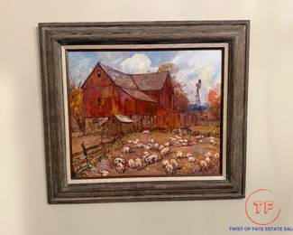 Signed Oil on Board "The Pig Farm" (Near Sugar Creek Ohio) by LESLIE COPE (1976) - Includes Pig Line Art