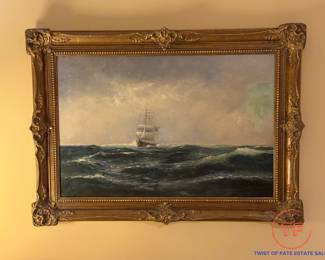 Signed Antique Original Oil on Canvas Maritime Nautical Sailing Clipper Ship