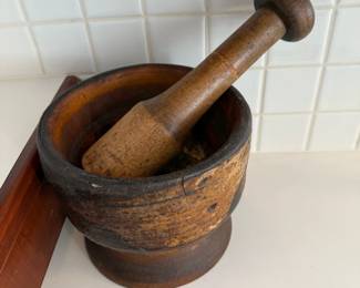 Antique Carved Wood Mortar and Pestle