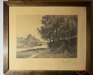 Antique Pastoral Etching Signed PATRICK VINCENT BERRY