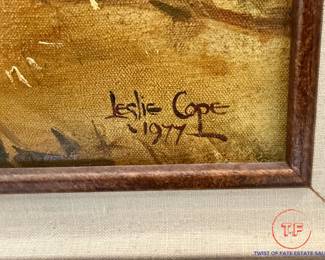 Signed Oil on Board "Driving the Sheep" (Covered Bridge Zanesville, Ohio) by LESLIE COPE (1977)