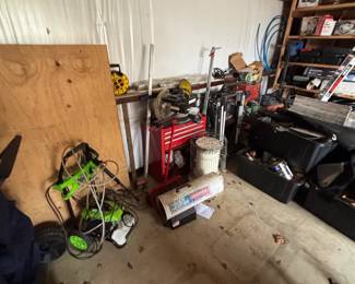 Tools, air compressors, screwdrivers, wrenches, saws, nuts, bolts.