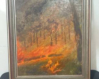 Framed Forest Fire Painting with J. Amodeo Nov. 1971 Written On Back