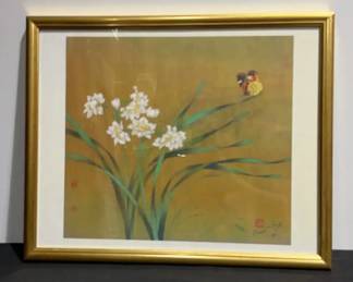 Framed Butterfly Flowers Print Signed by David Wong