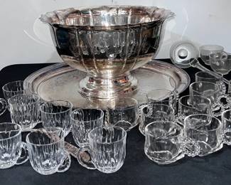 Silverplated Serving Bowl  Tray with Punch Cups  Scoops