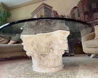 underside of the Greek inspired glass top coffee table