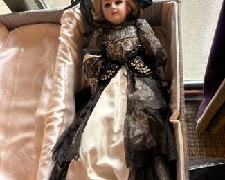 Porcelain Doll with Victorian dress in satin lined box