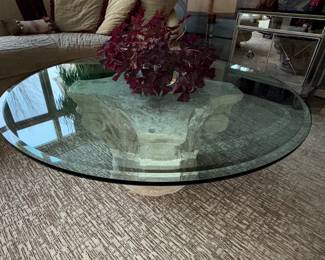 glass top coffee table with Greek inspired base