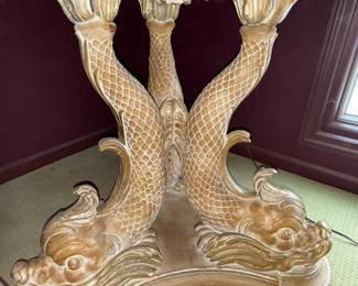 Antique side table depicting three fish in an ornate Asian inspired design