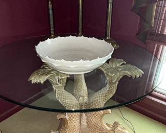 Vintage ornate Asian side table with three fish pedestals