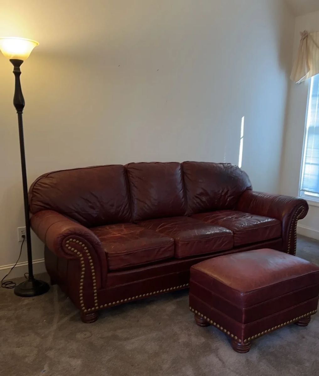 001 Red Leather Sofa and Ottoman, Standing Lamp