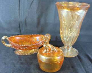 003 Vintage Imperial Marigold Carnival Glass Star, Scottie Dog Powder Jar and Vase