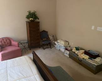 Linens, lingerie chest, 1 of pair of upholstered arm chairs