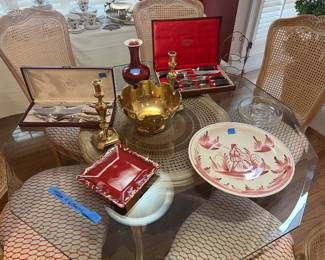 Bone handle carving sets, brass, misc decor, glass top table and chairs are not for sale