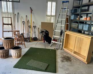 Yard tools, planters, ladders, cabinet, golf mats, TaylorMade golf clubs