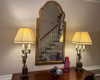 mirror not for sale, pair of French bronze candelabra lamps, art glass