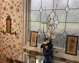 Small mirror, pair of prints, misc