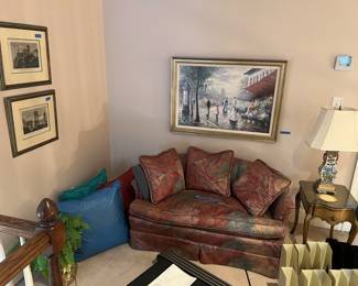 Settee, art, side table, lamps, file folder holders