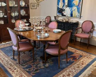 Dining table w/ 6 chairs, pair of sterling candelabras compote, rug, misc decor