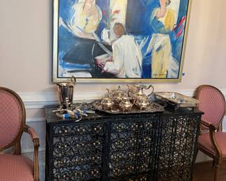 Metal server, silver plate, flatware, artwork