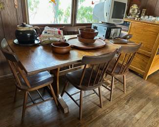 Vintage Trestle Dining Table w/ 6 Chairs, Brown Drip Tureen, Large Dansk Handled Tray, Wooden Bowls