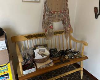 Bench, Silk Top, Bag of Costume Jewelry, Stamps, Cameras