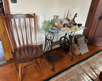 Singer Treadle Sewing Machine Base w/ Glass Top, Depression Glass, Milk Glass
