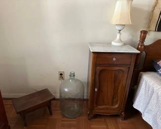 Small Stool, Bottle, Pair of Marble Top Side Tables, Milk Glass Lamp