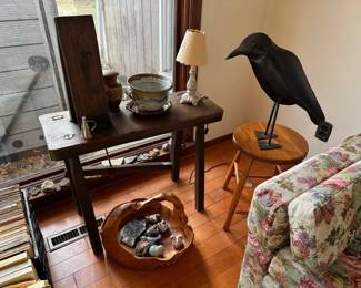 Rustic Wood Table, Stool, Tin Crow, Wooden Basket