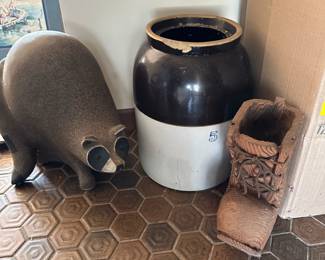 Crock, Stoneware Raccoon, Wooden Boot