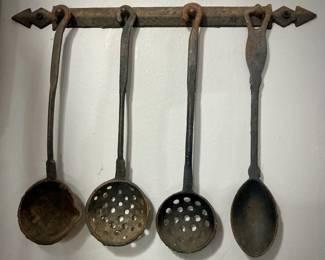 Antique Cast Iron Kitchen Utensils with Wall Rack