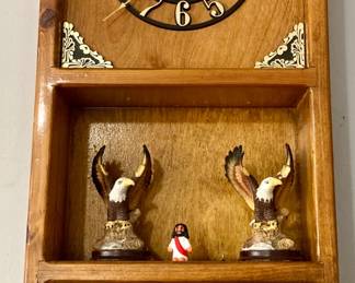Wooden Wall Clock with Decorative Eagle and Motorcycle Figurines