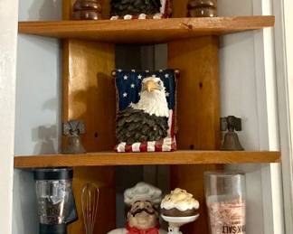 Patriotic Eagle and Chef Figurine Collection on Wall Mounted Corner Shelf
