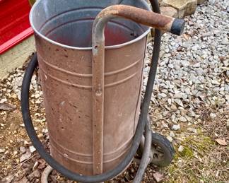 Vintage Galvanized Steel Ash Can Cart with Hose