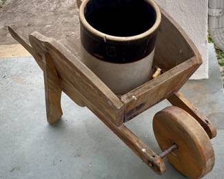 Wooden Wheelbarrow with Stoneware Crock