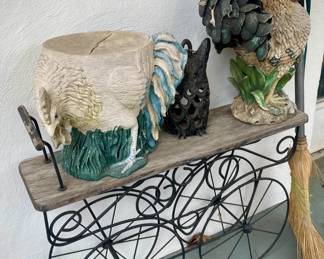 Vintage Rooster and Hen Garden Statues on Rolling Cart