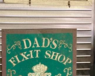 Vintage "Dad's Fix-It Shop" and "Man Cave" Signs with Clock