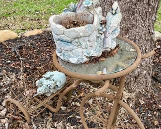 Bird Planter and Dog Figurine on Tricycle Garden Table