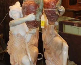 Pair of Carved Italian Marble Partial Nude Lamps Torche 5' & 5'1", repairs, missing partial finger, reglued, 1 globe is cracked, arm has been broken
