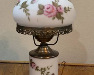 Vintage Fenton Style Milk Glass Hurricane Lamp With Pink Roses
