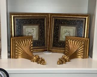 Gold tone Framed Floral Art With Goldtone Sconces