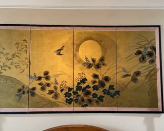 Japanese 4-Panel Hand Painted, Signed Folding Screen “Byobu”