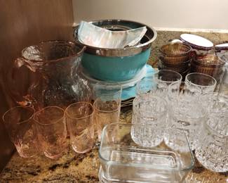 Glass Pink Crinkle Pitcher and Glasses